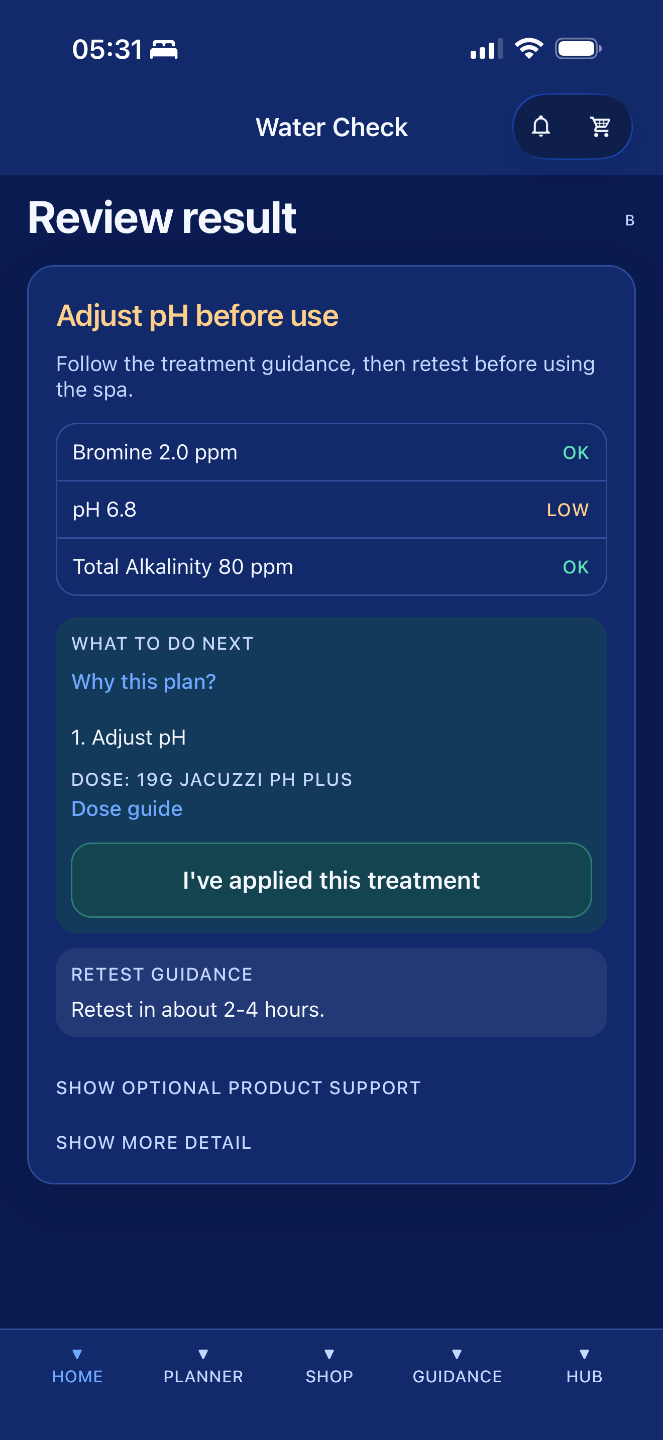 SpaWise app water-check result screen