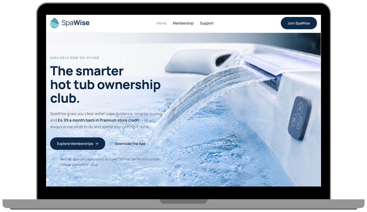 SpaWise desktop website showing its hot-tub membership and app proposition